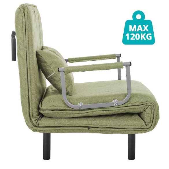 2 az 1-ben fotelágy, 185 x 63 x 26,5 cm, zöld, párnázott karfákkal és párnával, összecsukható kialakítással, fém-fa vázzal