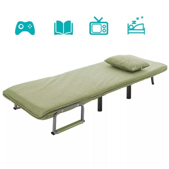 2 az 1-ben fotelágy, 185 x 63 x 26,5 cm, zöld, párnázott karfákkal és párnával, összecsukható kialakítással, fém-fa vázzal