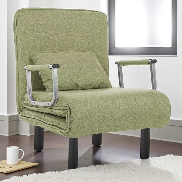 2 az 1-ben fotelágy, 185 x 63 x 26,5 cm, zöld, párnázott karfákkal és párnával, összecsukható kialakítással, fém-fa vázzal