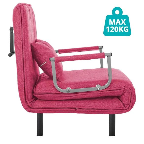 2 az 1-ben fotelágy, 185 x 63 x 26,5 cm, bordó, párnázott karfákkal és párnával, összecsukható kialakítással, fém-fa vázzal