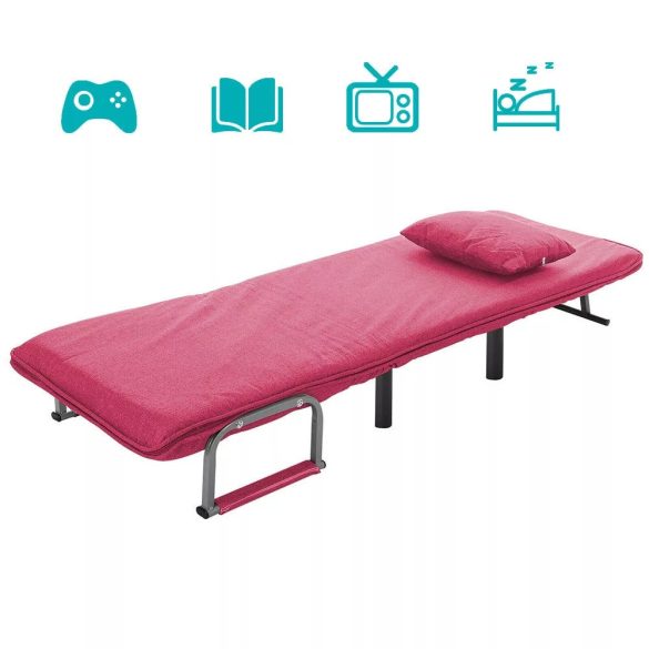 2 az 1-ben fotelágy, 185 x 63 x 26,5 cm, bordó, párnázott karfákkal és párnával, összecsukható kialakítással, fém-fa vázzal