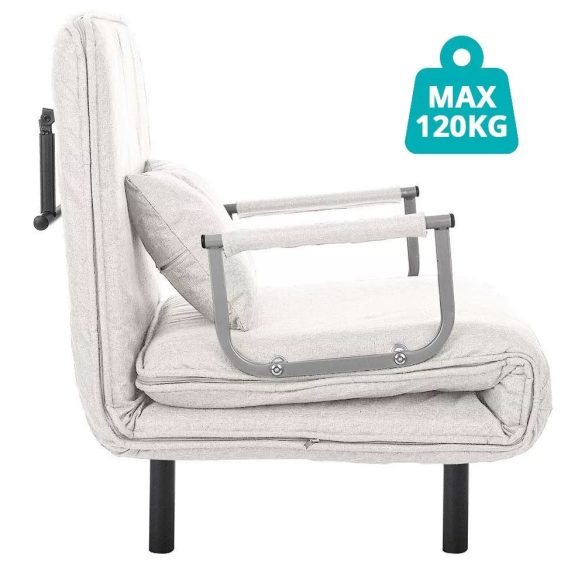 2 az 1-ben fotelágy, 185 x 63 x 26,5 cm, bézs, párnázott karfákkal és párnával, összecsukható kialakítással, fém-fa vázzal