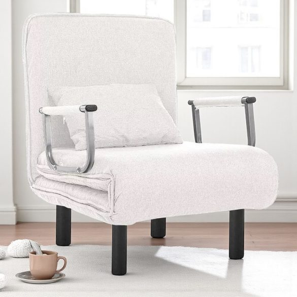 2 az 1-ben fotelágy, 185 x 63 x 26,5 cm, bézs, párnázott karfákkal és párnával, összecsukható kialakítással, fém-fa vázzal