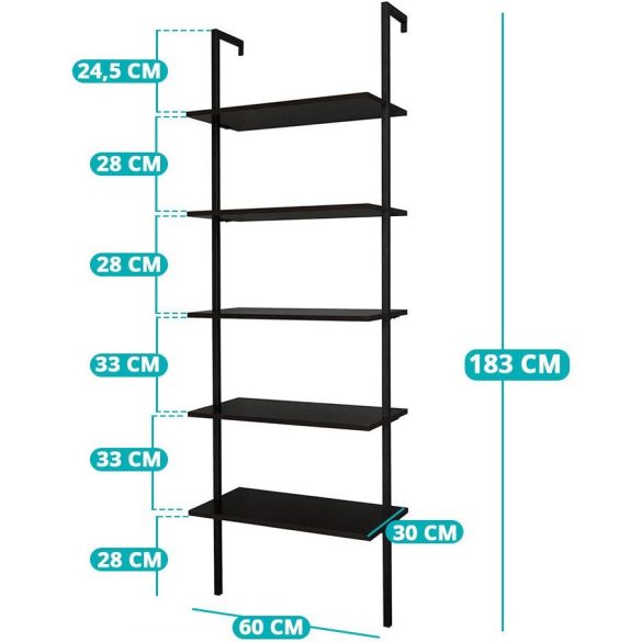 Falra rögzíthető 5 szintes tároló, fekete