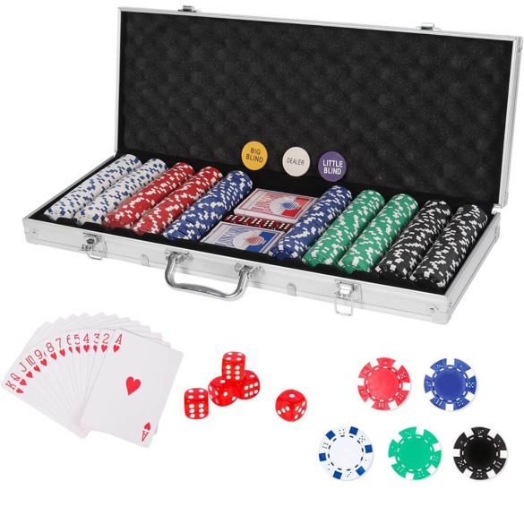 Pókerszett alumínium táskában, 500 db, prémium, zárható, komplett készlet kártyákkal, kockákkal és dealer/blind zsetonokkal