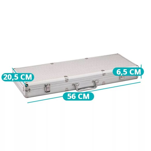 Pókerszett alumínium táskában, 500 db, prémium, zárható, komplett készlet kártyákkal, kockákkal és dealer/blind zsetonokkal