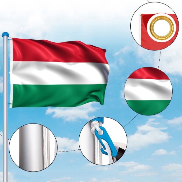 Magyar zászló, 90 × 150 cm, kétoldalas nyomtatással, poliészter anyagból, fém ringlis rögzítéssel, időjárásálló kivitelben, kültéri és beltéri használatra