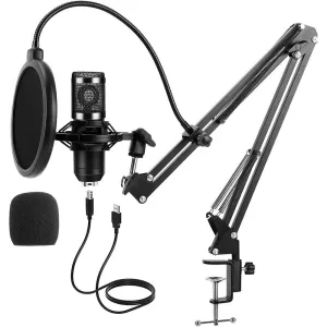 Kondenzátor mikrofon, asztalra szerelhető stúdió USB csatlakozással, 37–75 cm, kondenzátoros, kardioid, plug & play, állítható kar, pop filterrel, asztali rögzítés