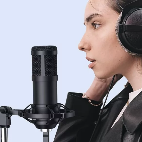 Kondenzátor mikrofon, asztalra szerelhető stúdió USB csatlakozással, 37–75 cm, kondenzátoros, kardioid, plug & play, állítható kar, pop filterrel, asztali rögzítés