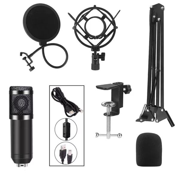 Kondenzátor mikrofon, asztalra szerelhető stúdió USB csatlakozással, 37–75 cm, kondenzátoros, kardioid, plug & play, állítható kar, pop filterrel, asztali rögzítés