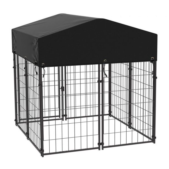 Kültéri kutyakennel, 133,5×124×122 cm, vas keret, UV-álló szövettető, időjárásálló, hálós, kétirányú ajtó, könnyen tisztítható, gyors összeszerelés