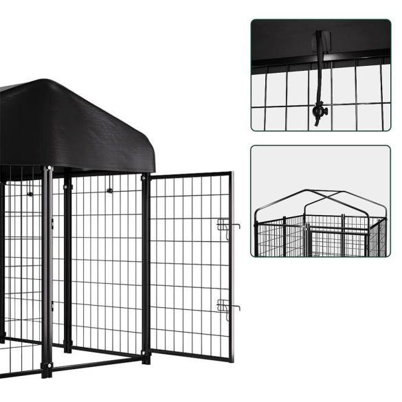 Kültéri kutyakennel, 133,5×124×122 cm, vas keret, UV-álló szövettető, időjárásálló, hálós, kétirányú ajtó, könnyen tisztítható, gyors összeszerelés