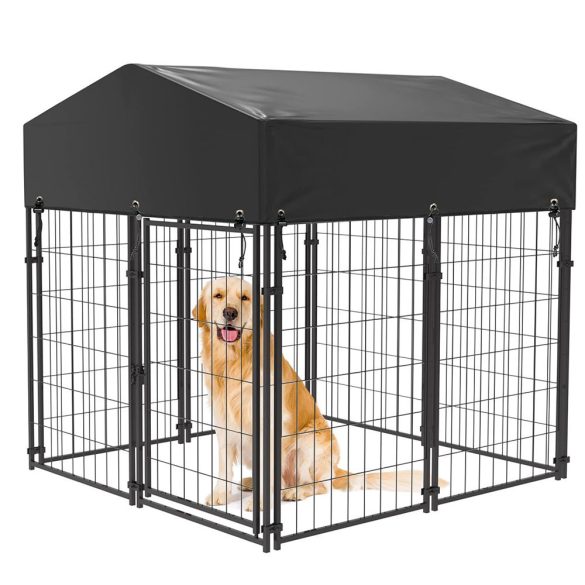 Kültéri kutyakennel, 133,5×124×122 cm, vas keret, UV-álló szövettető, időjárásálló, hálós, kétirányú ajtó, könnyen tisztítható, gyors összeszerelés