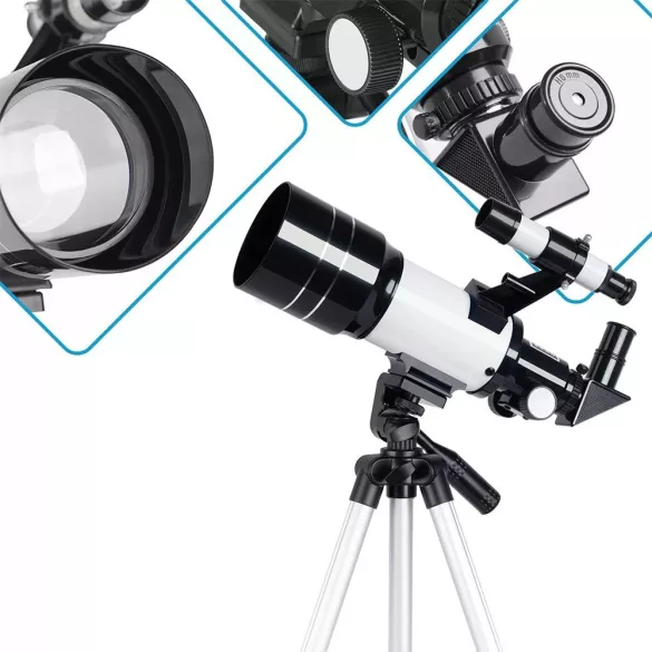 Csillagászati teleszkóp, mobiltelefon-adapterrel, hordozható állvánnyal, 10 cm primer lencse, 7–30 cm fókusz, 3 db okulár, holdszűrő, Barlow lencse