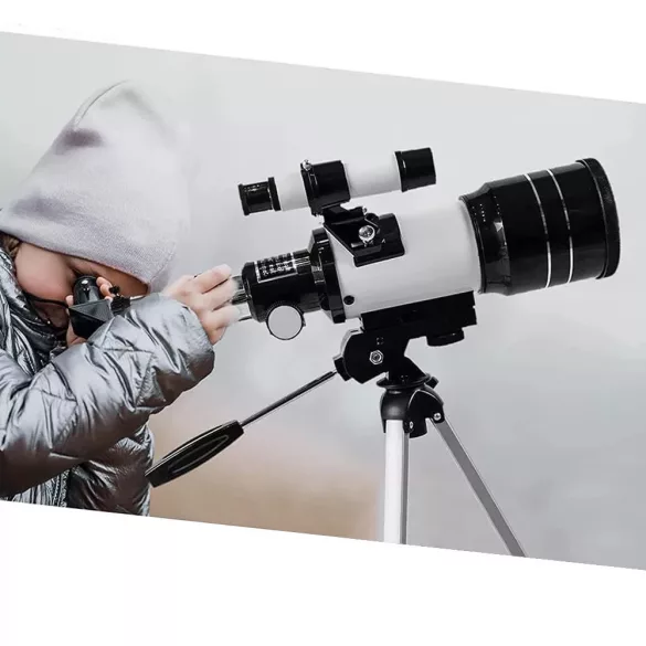 Csillagászati teleszkóp, mobiltelefon-adapterrel, hordozható állvánnyal, 10 cm primer lencse, 7–30 cm fókusz, 3 db okulár, holdszűrő, Barlow lencse