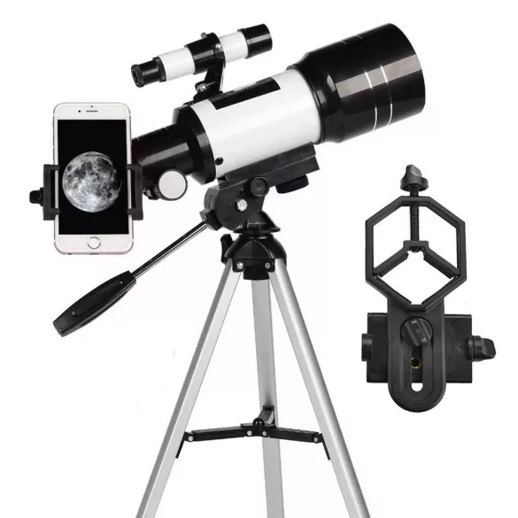Csillagászati teleszkóp, mobiltelefon-adapterrel, hordozható állvánnyal, 10 cm primer lencse, 7–30 cm fókusz, 3 db okulár, holdszűrő, Barlow lencse