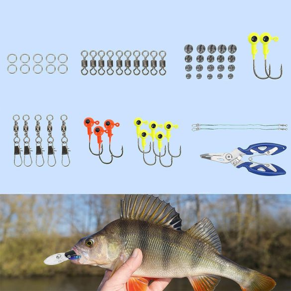 Horgászcsali és horog készlet, 24 × 15 × 6 cm, rekeszes, két szintes tároló dobozzal, gyorscsatlakozó