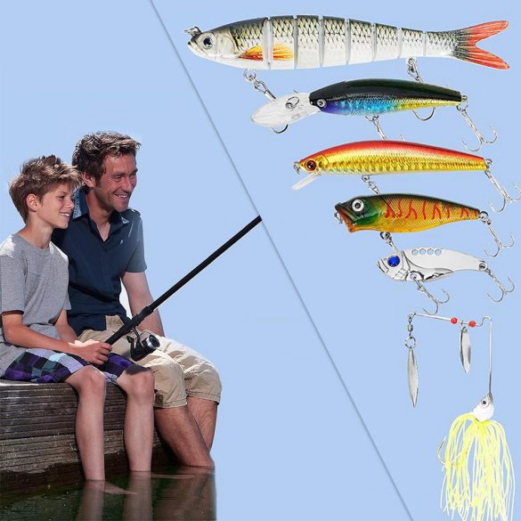 Horgászcsali és horog készlet, 24 × 15 × 6 cm, rekeszes, két szintes tároló dobozzal, gyorscsatlakozó