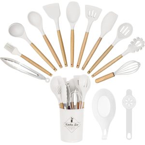 Konyhai eszközkészlet, 14 darabos szilikon fejű készlet, 0,8 kg, fehér, hőálló szilikon fejjel és tartóval