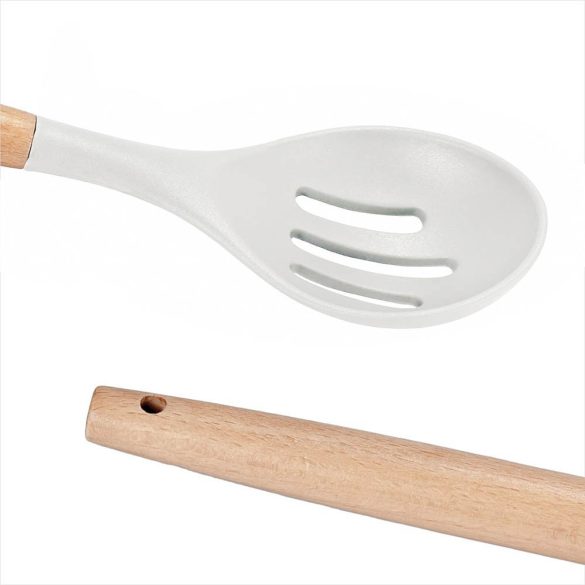 Konyhai eszközkészlet, 14 darabos szilikon fejű készlet, 0,8 kg, fehér, hőálló szilikon fejjel és tartóval