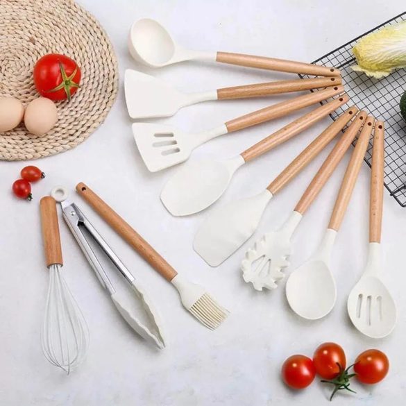 Konyhai eszközkészlet, 14 darabos szilikon fejű készlet, 0,8 kg, fehér, hőálló szilikon fejjel és tartóval