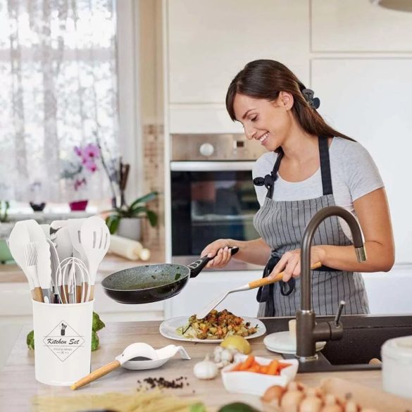 Konyhai eszközkészlet, 14 darabos szilikon fejű készlet, 0,8 kg, fehér, hőálló szilikon fejjel és tartóval