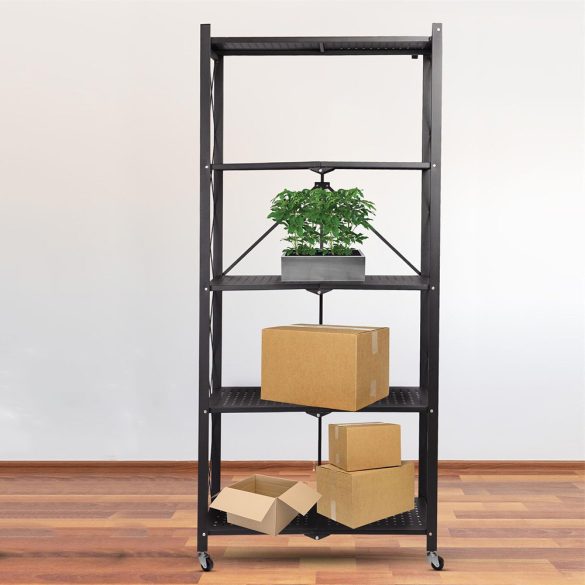 Összecsukható gurulós tárolóállvány, 158,5×71,5×33,5 cm, 5 polcos, 100 kg teherbírás, fixálható kerekek, konyhai, alumínium és vas