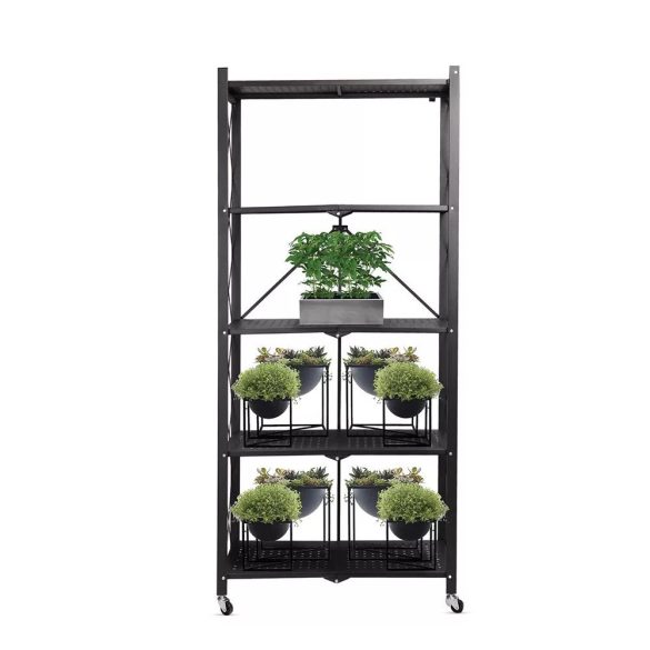 Összecsukható gurulós tárolóállvány, 158,5×71,5×33,5 cm, 5 polcos, 100 kg teherbírás, fixálható kerekek, konyhai, alumínium és vas