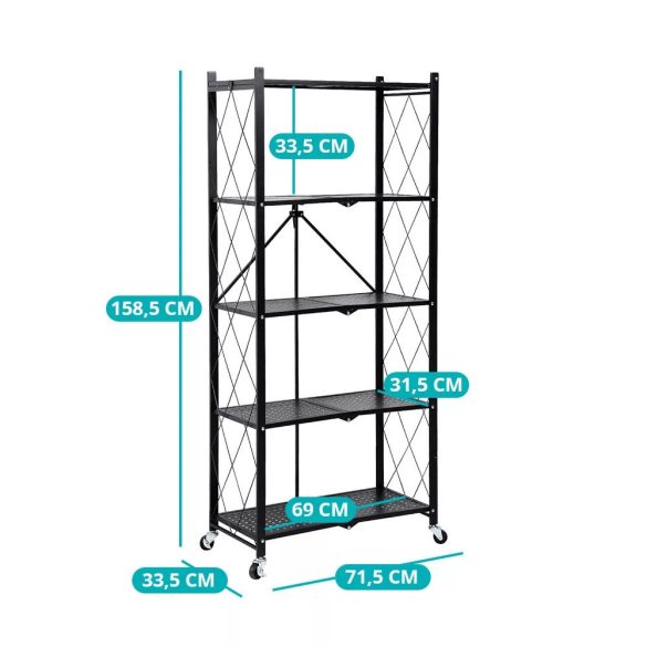 Összecsukható gurulós tárolóállvány, 158,5×71,5×33,5 cm, 5 polcos, 100 kg teherbírás, fixálható kerekek, konyhai, alumínium és vas