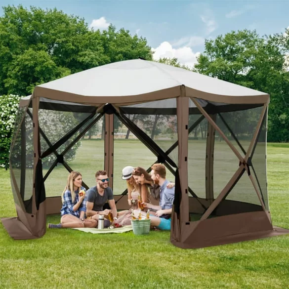 Kemping sátor, 8 személyes, 3,6 × 3,6 × 2,3 m, szürke, vízálló poliészter, szúnyoghálóval és hordtáskával