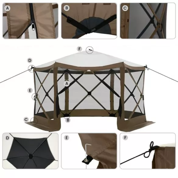 Kemping sátor, 8 személyes, 3,6 × 3,6 × 2,3 m, szürke, vízálló poliészter, szúnyoghálóval és hordtáskával