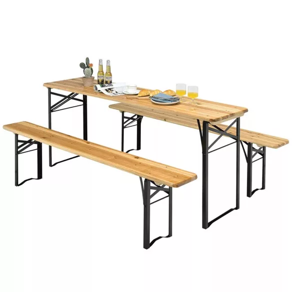 Fa sörpad szett, 3 részes, 6 személyes, asztal 178,5×49,5×75 cm, fekete acélváz, összecsukható, teherbírás: asztal 100 kg, pad 210 kg