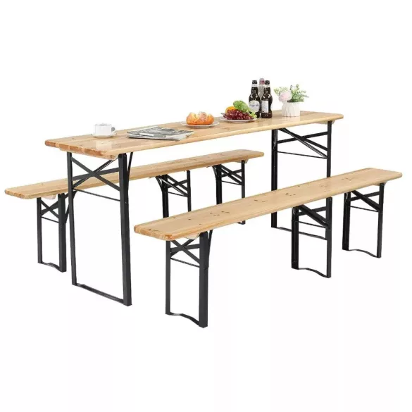 Fa sörpad szett, 3 részes, 6 személyes, asztal 178,5×49,5×75 cm, fekete acélváz, összecsukható, teherbírás: asztal 100 kg, pad 210 kg