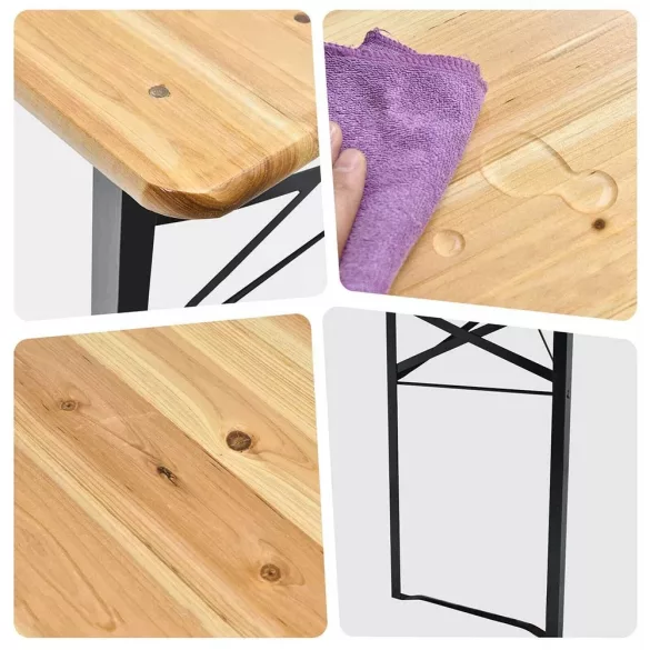 Fa sörpad szett, 3 részes, 6 személyes, asztal 178,5×49,5×75 cm, fekete acélváz, összecsukható, teherbírás: asztal 100 kg, pad 210 kg