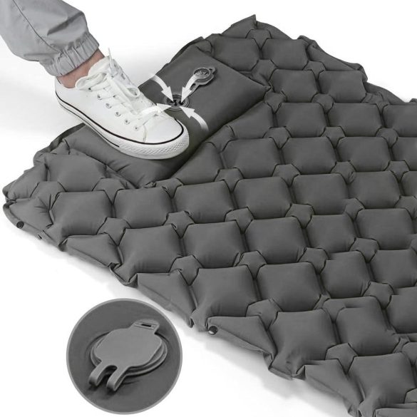 Egyszemélyes túramatrac, 190×60 cm, szürke, 9 cm vastag, vízálló kivitelben, beépített fejpárnával és hordtáskával