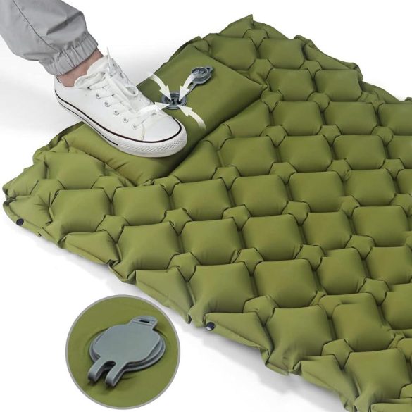 Egyszemélyes túramatrac, 190×60 cm, zöld, 9 cm vastag, vízálló kialakítással, fejpárnával és tárolózsákkal