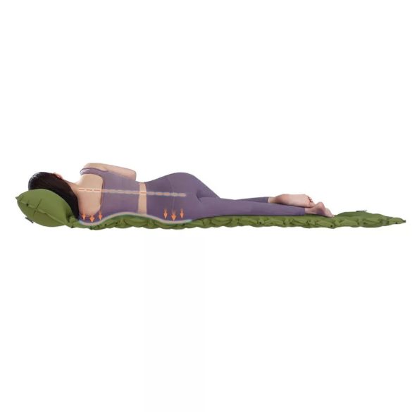 Egyszemélyes túramatrac, 190×60 cm, zöld, 9 cm vastag, vízálló kialakítással, fejpárnával és tárolózsákkal