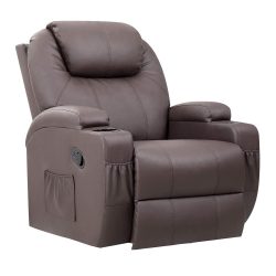   Masszázsfotel, 104×83×80 cm, barna, dönthető, távirányítós, melegítő funkció, 8 masszázspontos, lábtartóval, pohártartóval, műbőr, 150 kg teherbírás