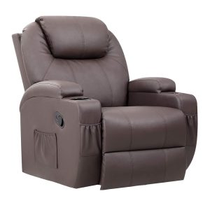 Masszázsfotel, 104×83×80 cm, barna, dönthető, távirányítós, melegítő funkció, 8 masszázspontos, lábtartóval, pohártartóval, műbőr, 150 kg teherbírás