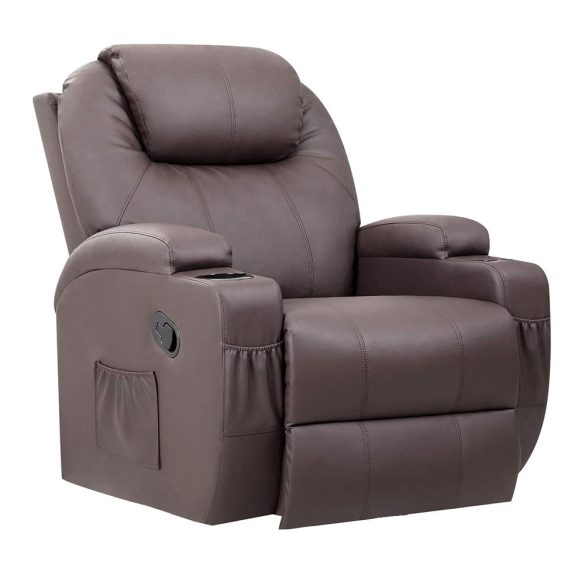 Masszázsfotel, 104×83×80 cm, barna, dönthető, távirányítós, melegítő funkció, 8 masszázspontos, lábtartóval, pohártartóval, műbőr, 150 kg teherbírás