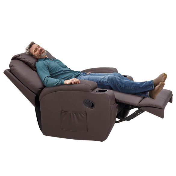 Masszázsfotel, 104×83×80 cm, barna, dönthető, távirányítós, melegítő funkció, 8 masszázspontos, lábtartóval, pohártartóval, műbőr, 150 kg teherbírás