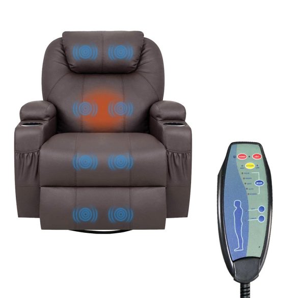 Masszázsfotel, 104×83×80 cm, barna, dönthető, távirányítós, melegítő funkció, 8 masszázspontos, lábtartóval, pohártartóval, műbőr, 150 kg teherbírás