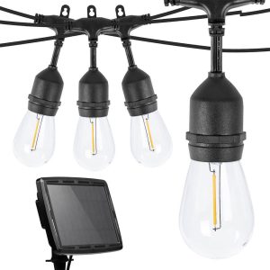 Kültéri szolár dekor égősor, 15 m, 15 db E27 LED, IP65 időjárásálló, USB-tölthető, távirányítós, fényerő-szabályozható, 4 világítási mód, akkumulátoros