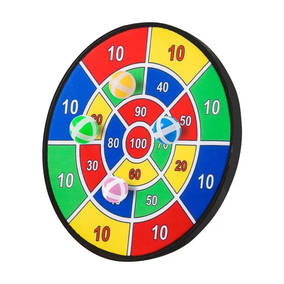 Játék darts tábla, 36 cm átmérőjű, 12 db öntapadós labdával, biztonságos gyermekbarát kialakítással, akasztóval felszerelve, műanyagból készült, 3 éves kortól ajánlott