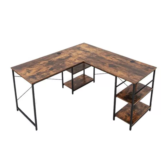 Átalakítható L alakú íróasztal, 150×150×79,5 cm, barna, fa és fém anyagból, polcokkal és kábelvezető nyílással