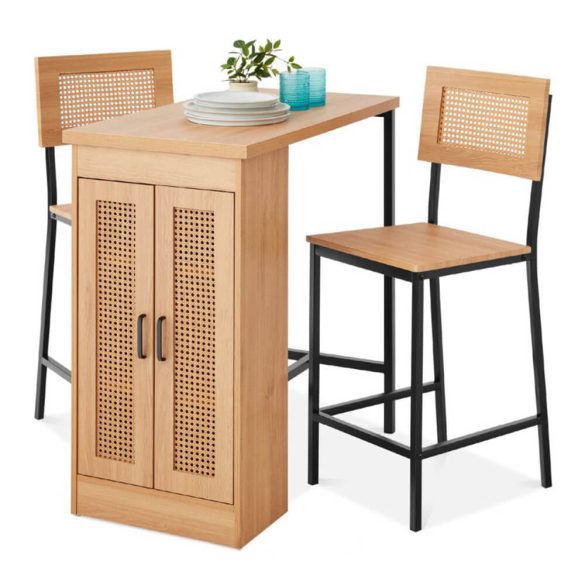 Étkezőgarnitúra, 3 részes, magasított, beépített tárolóval, asztal: 92×91,5×50 cm, natúr fa, fekete fém, asztal teherbírása 100 kg