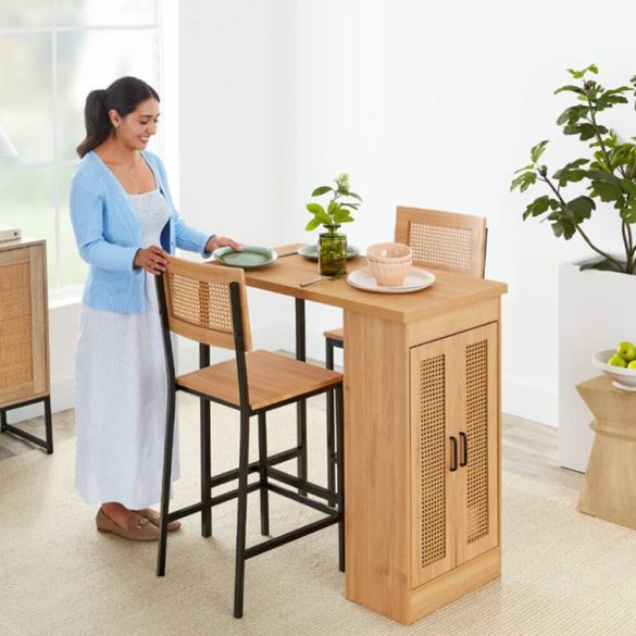 Étkezőgarnitúra, 3 részes, magasított, beépített tárolóval, asztal: 92×91,5×50 cm, natúr fa, fekete fém, asztal teherbírása 100 kg