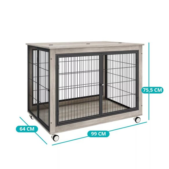 Beltéri kutyakennel, 98×64×69 cm, fékezhető kerekek, nyitható tető, stabil szerkezet, biztonságosan zárható, könnyen tisztítható