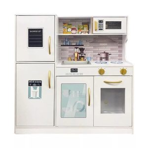 Fa játékkonyha, kiegészítőkkel – serpenyővel, lábassal, spatulával és merőkanalakkal, 46 cm pultmagassággal, tartós és biztonságos fa kivitelben, 3 db AAA elemmel működő lámpával (nem tartozék), 3 éves kortól ajánlott