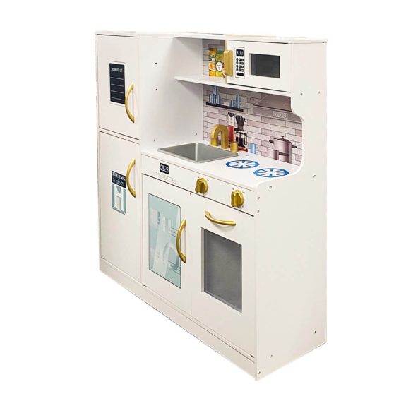 Fa játékkonyha, kiegészítőkkel – serpenyővel, lábassal, spatulával és merőkanalakkal, 46 cm pultmagassággal, tartós és biztonságos fa kivitelben, 3 db AAA elemmel működő lámpával (nem tartozék), 3 éves kortól ajánlott